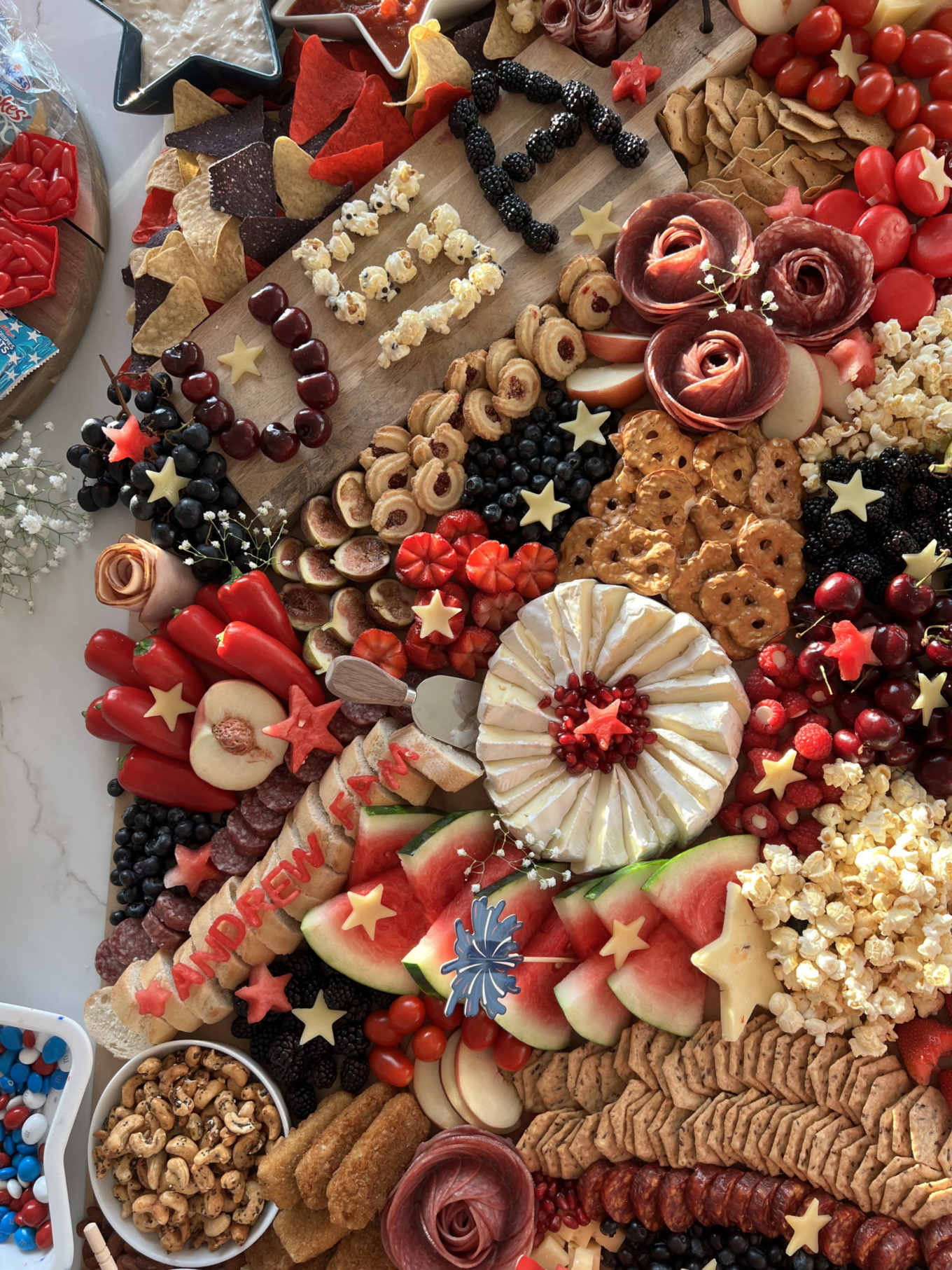 Fourth of July, 5 party hacks, 4th of July party, festive fruit, color coordinated fruit, charcuterie spread, party spread, charcuterie board, Sams club, 4th of July, 4th of July charcuterie board