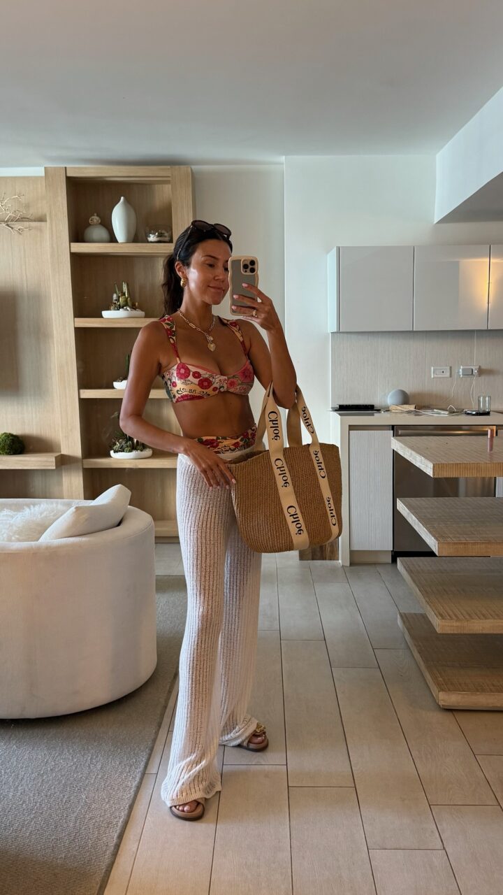 Christine Andrew in a beach vacation outfit, resort wear