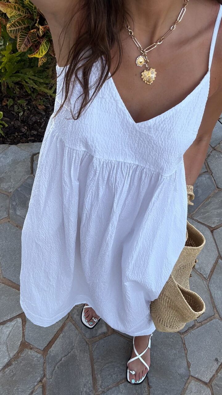 Christine Andrew in a white Target dress